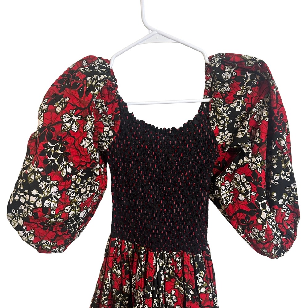 Unbranded Maxi Dress Womens S Red Floral Smocked‎ Puff Sleeve Ankara Style Boho